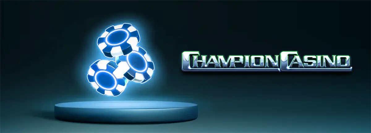 Три світлові фішки казино з неоновим синім підсвічуванням на круглому п'єдесталі та логотип Champion Casino на темно-бірюзовому фоні